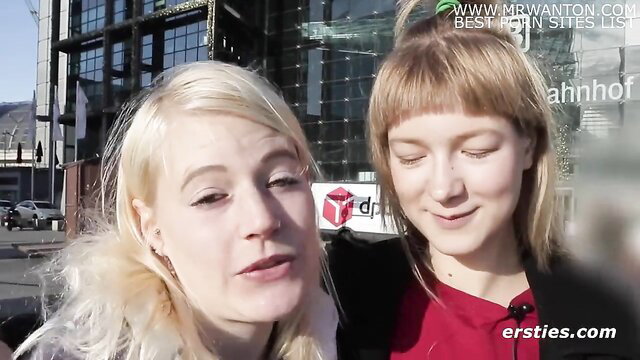 Two blonde Ersties amateurs Anna and Mia smiling outside before train ride fuck