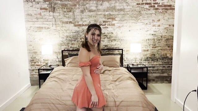 Curvy thick step-sister in tight orange off-shoulder dress dances teasingly