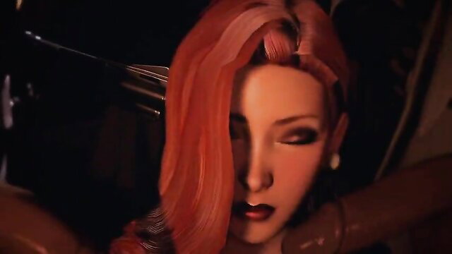 Jessica Rabbit redhead bombshell in intense blowbang with thick cum on face