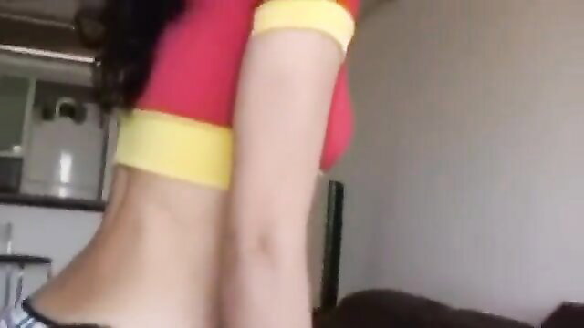 Vanessa Gaucha in red yellow crop top, sexy slim waist tease