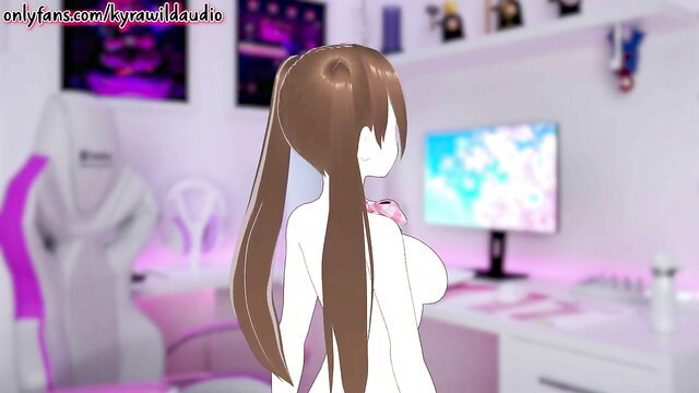 Nude hentai Vtuber with huge tits and ponytail in bedroom, stepbro roleplay