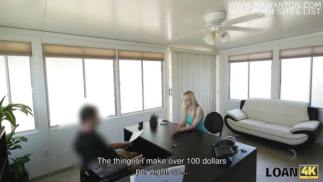Blonde stripper in tight dress fucks loan agent to pay rent