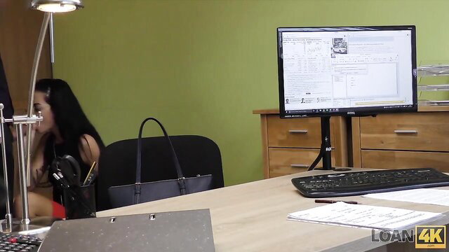 Russian babe rides loan agent's cock in office POV