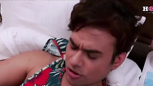 Handsome Latino man in Hawaiian shirt on bed, hot Dally uncut scene