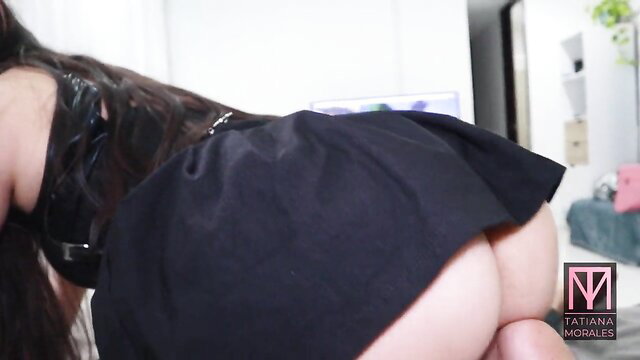 Tatiana Morales Latina bending over in short black skirt, big ass tease