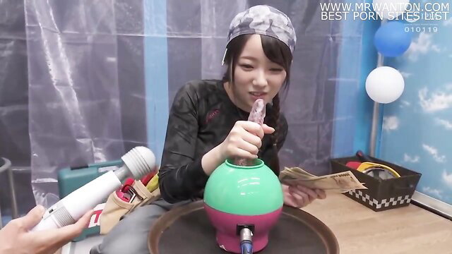 Asian amateur JAV girl sucking huge dildo with toys and green dispenser