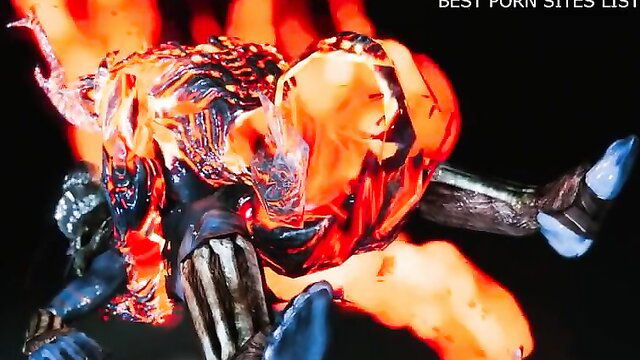 Fiery female fire elemental monster fucked by alien in epic fantasy porn