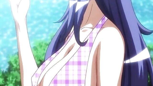 Purple-haired anime babe in skimpy checkered dress, huge tits spilling out