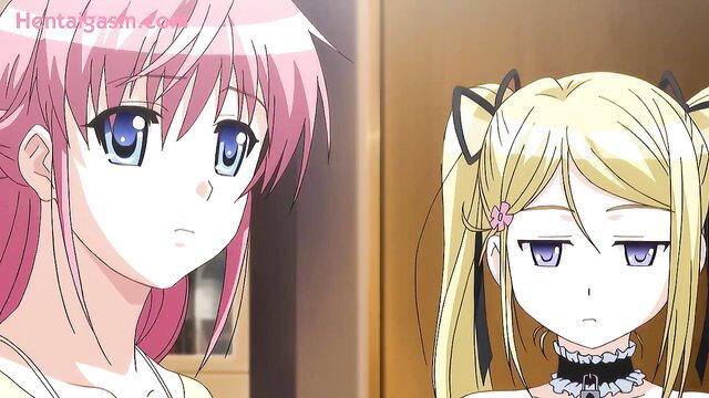 Pink-haired anime girl and blonde cat-ear loli stare in uncensored hentai Kanojo 2