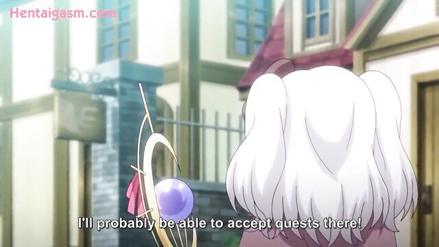 White-haired hentai girl Colette with magical staff at inn door, sexy anime subbed