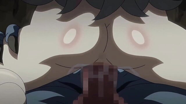 Anime hentai closeup of glowing eyes, tongue licking red shaft in Suana ep 4