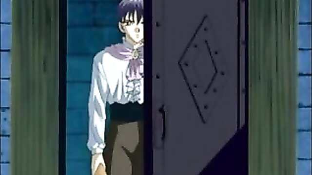 Purple-haired anime boy in frilly shirt peeking from dark door