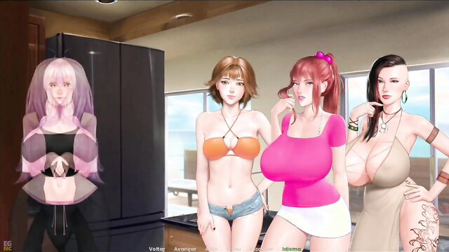 4 busty anime girls in bikinis and lingerie by fridge in Prince Of Suburbia