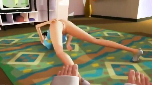 Slim 3D cheerleader in splits pose exposing pussy POV