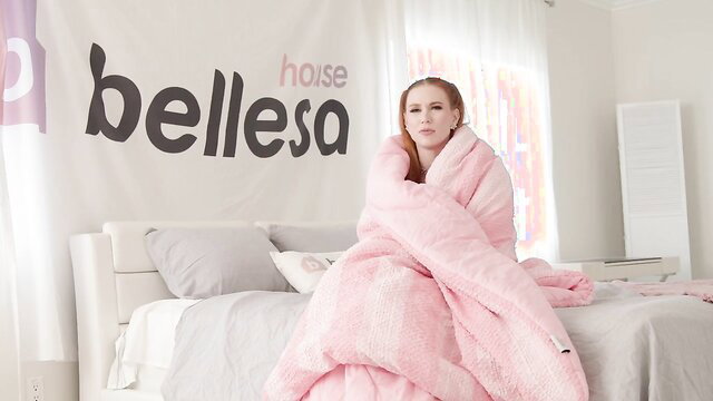 Madison Morgan cozy in pink blanket, redhead beauty from Bellelle House