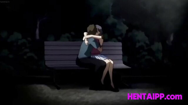 Anime brunettes embrace intimately on bench in steamy hentai scene