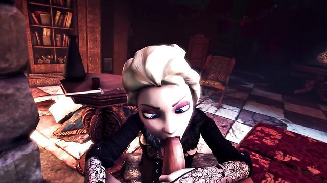 Elsa from Frozen in goth dress sucking thick cock hentai closeup