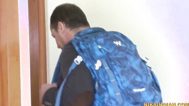 Savita Bhabhi man with backpack at door, hot Indian bhabhi tease