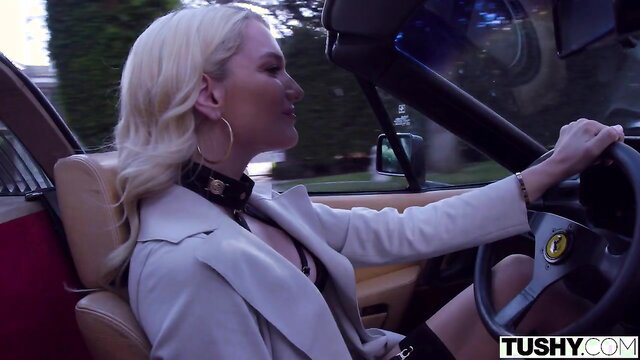 Blonde Kenna James drives Ferrari in sexy outfit - Tushy threesome tease