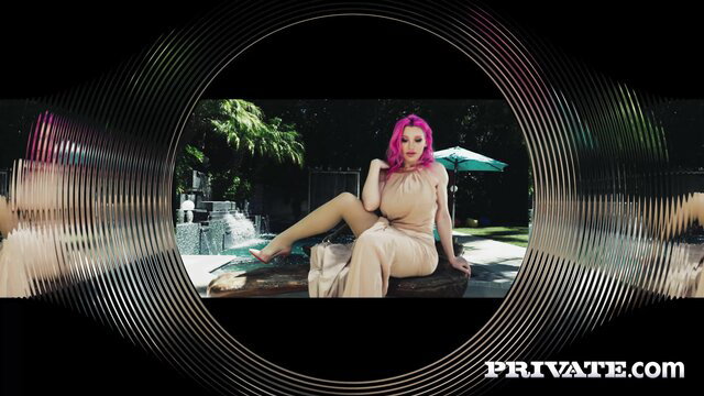 Pink-haired Lily Lou in gold dress by pool, hot tease