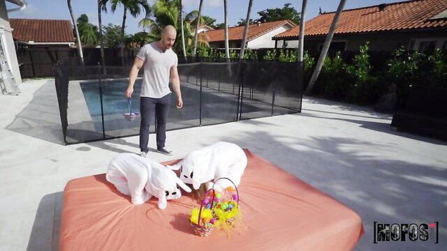 Sadie Hartz & Alice Merchesi in Easter bunny threesome with Duncan Saint poolside