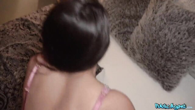 Aaeysha in pink lingerie on bed, back view, Public Agent Valentine's fuck