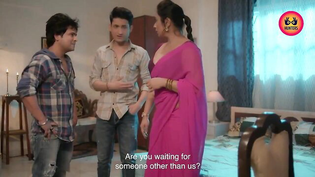 Buxom Indian mom in sheer pink saree with two men in steamy Hindi threesome tease