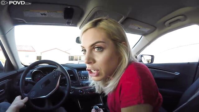 Blonde Allie Nicole sucking cock on wild car ride creampie POV