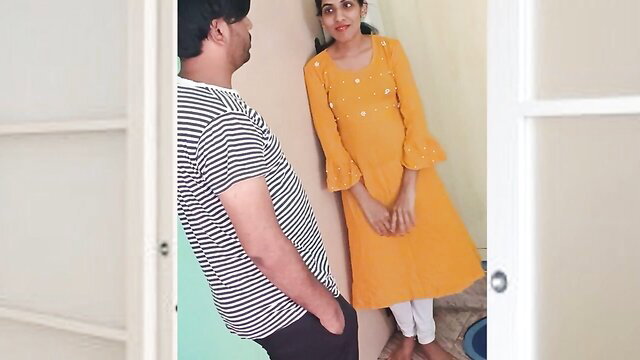 Luxcream2 in orange salwar kameez with man at door, homemade Indian couple tease