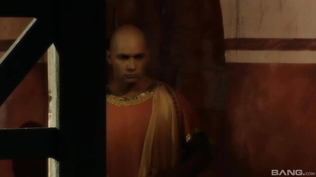 Bald muscular man in Roman toga peeking from door in vintage AI-upscaled adult video