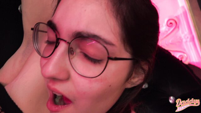 Closeup of moaning Indian teen in glasses with blonde hair, Daddy's girl
