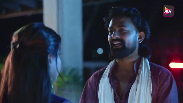 Indian couple in passionate night talk, bearded hunk and long-haired beauty