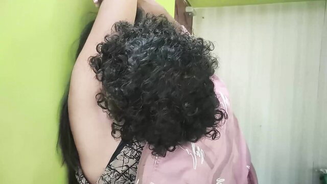 Desi bhabhi curly hair back view arm raised in sexy saree pose