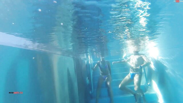 HornyRoxy and busty bikini babes underwater pool stairs tease