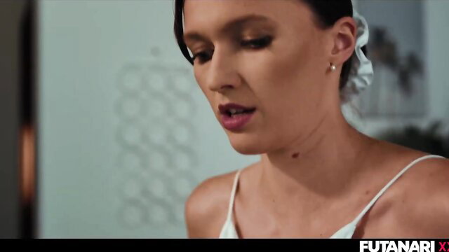 Closeup of seductive futanari woman in thin straps top, glossy lips