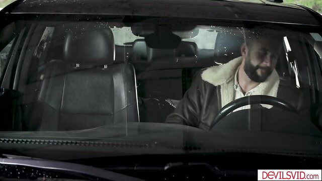 Man in leather jacket driving car, Latina GF seduction scene