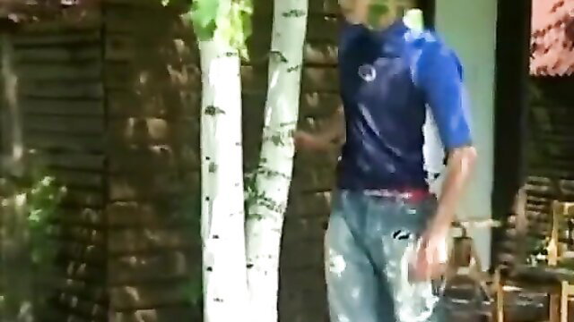 Cute guys in shiny latex tops fucking outdoors by birch trees