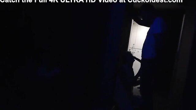 Dark silhouette grandpa threesome with wife in bedroom door