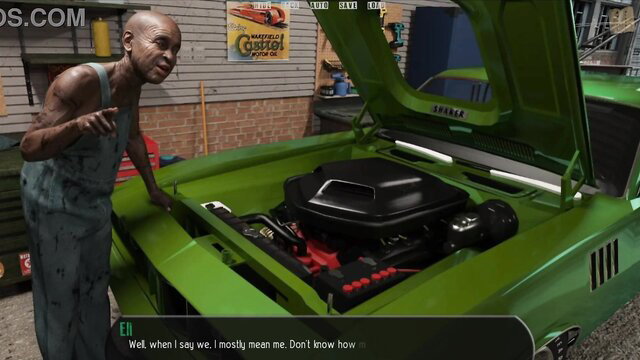 Bald black man in tank top points at muscle car engine in Halfway House 62