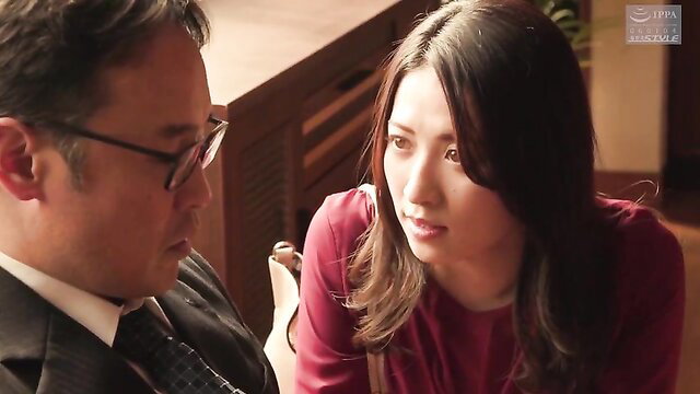 Yuri Sasahara in red dress talks intimately with suited man JAV