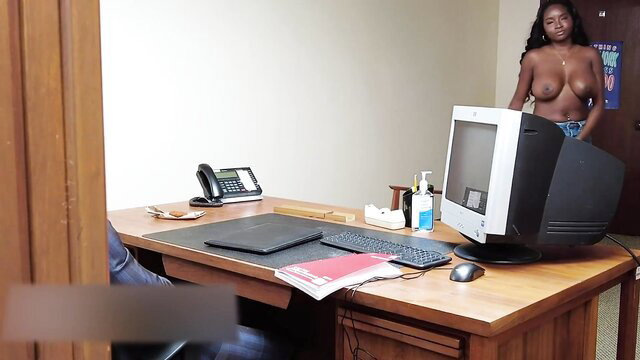 Naomi Foxxx nude at desk in Perv Principal sex-ed scene with Angela White