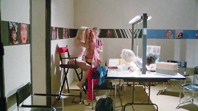 Vintage 1979 Hot Legs blondes in lingerie makeup room scene