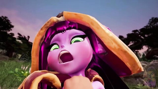 Purple yordle girl in orange mushroom hat moaning with ecstasy, fantasy hentai style