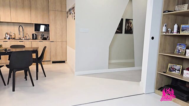 Polish MILF juicy kitchen with black chairs & stairs