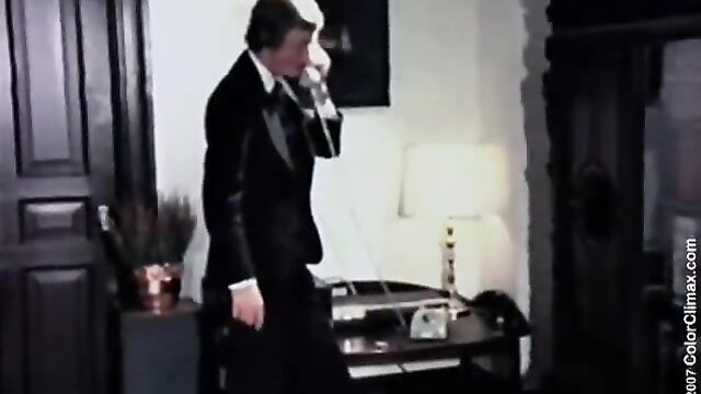 Vintage Color Climax man in tuxedo on phone in erotic scene