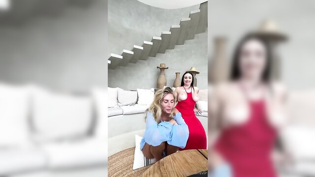 Bonnie Blue & Holly Hotwife in red dresses, playful tease poses