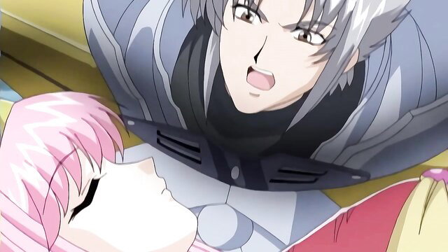 Hentai elf queen with pink hair pinned by silver-haired man in slutty dress