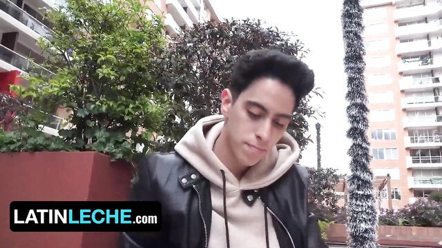Hot Latino guy Nate Wayne in hoodie and leather jacket POV hotel hookup