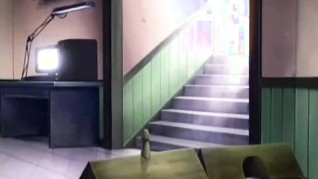 Hentai step family adventure thumbnail with glowing stairs and desk