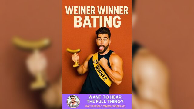 Muscular Latino dude in Winner Bator sash holds trophy & banana, teases full vid